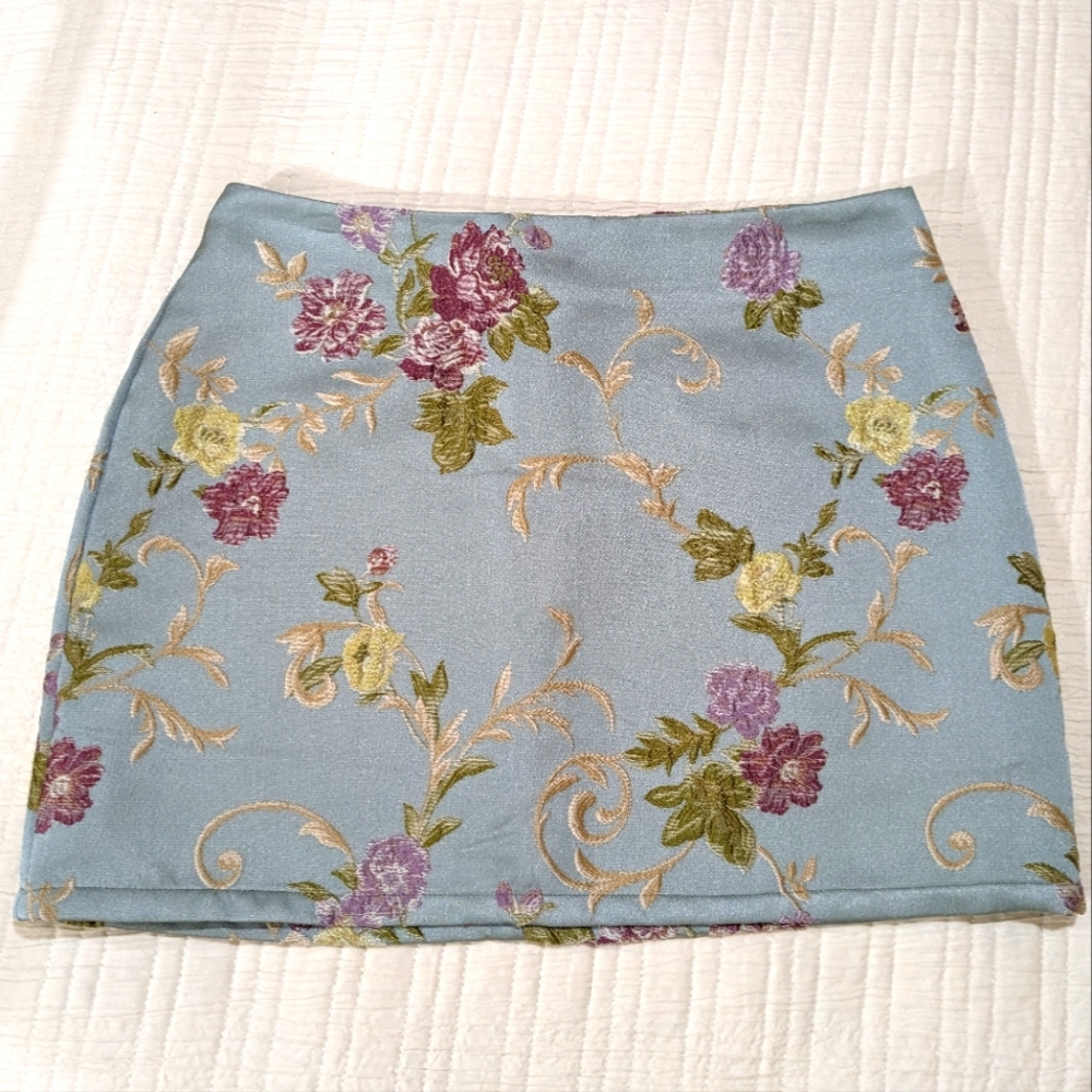 Honey Punch Light Blue Floral Mini Skirt